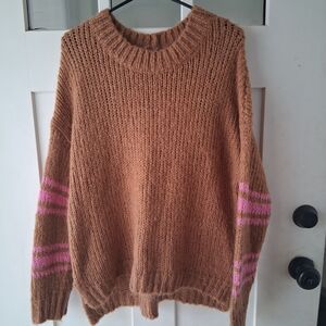aerie Chunky Brown Crewneck Sweater with Pink Sleeve Stripes